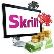 logo skrill sur écran ordinteur design pièces de monnaie billets d
